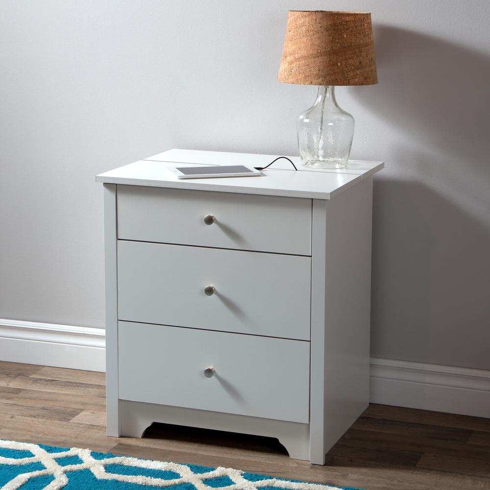 South Shore Vito Nightstand with Charging Station and Drawers, Pure White. Picture 1