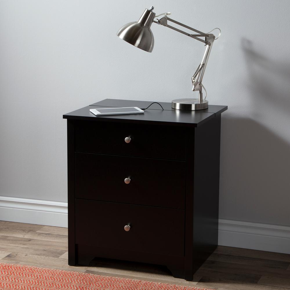 South Shore Vito Nightstand with Charging Station and Drawers, Pure Black. The main picture.