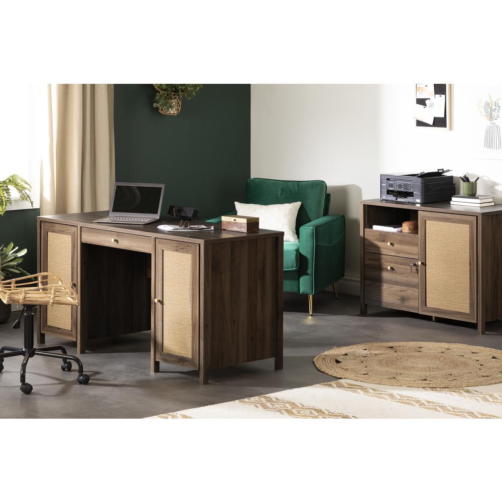 Talie Computer Office Desk with Doors, Natural Walnut and Printed Rattan. Picture 2