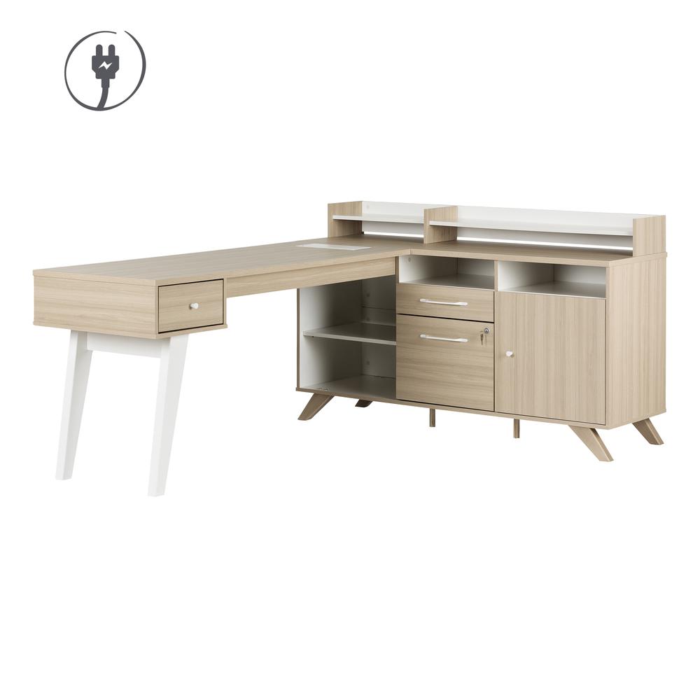Helsy L-Shaped Desk with Power Bar, Soft Elm and White. Picture 1