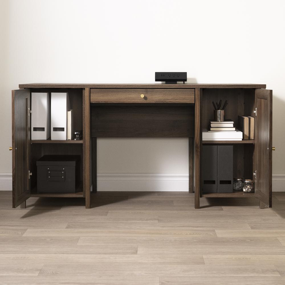 Talie Computer Office Desk with Doors, Natural Walnut and Printed Rattan. Picture 4
