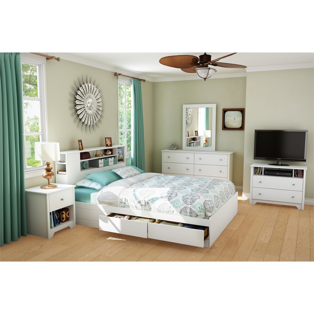 South Shore Vito Queen Mates Bed with Drawers and Bookcase Headboard (60'') Set, Pure White. Picture 4