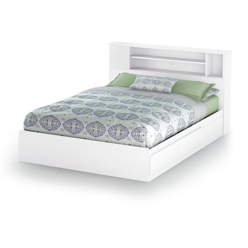 South Shore Vito Queen Mates Bed with Drawers and Bookcase Headboard (60'') Set, Pure White. Picture 1