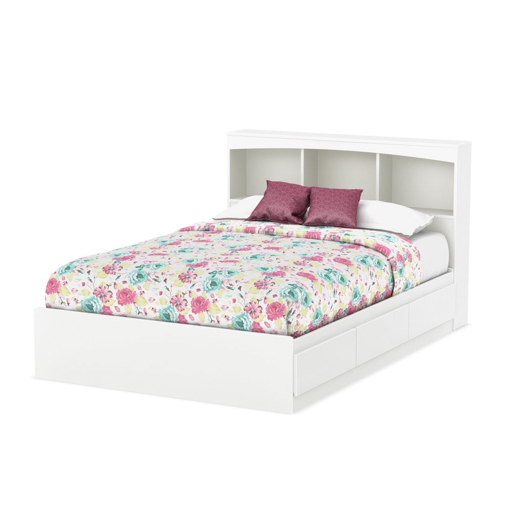 South Shore Step One Full Size Mates Bed with Drawers and Bookcase Headboard (54'') Set, Pure White. Picture 1