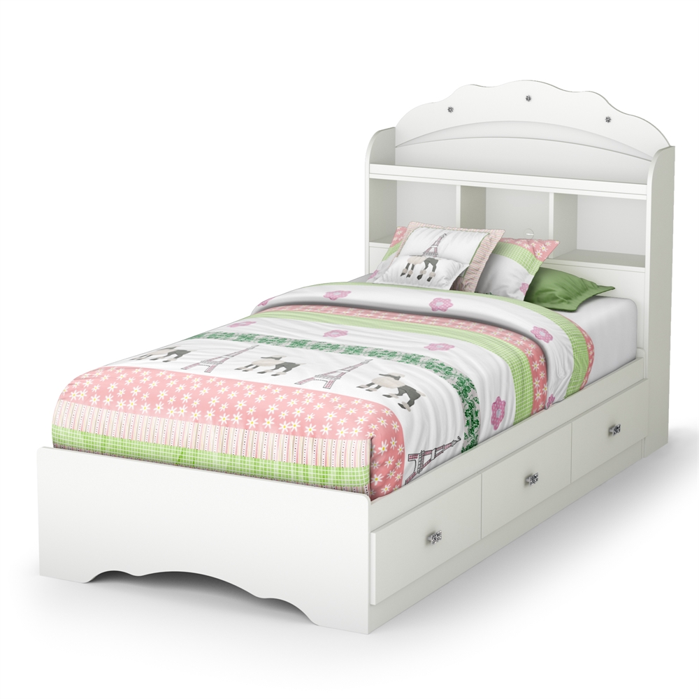 South Shore Tiara Twin Mates Bed with Drawers and Bookcase Headboard (39'') Set, Pure White. Picture 1
