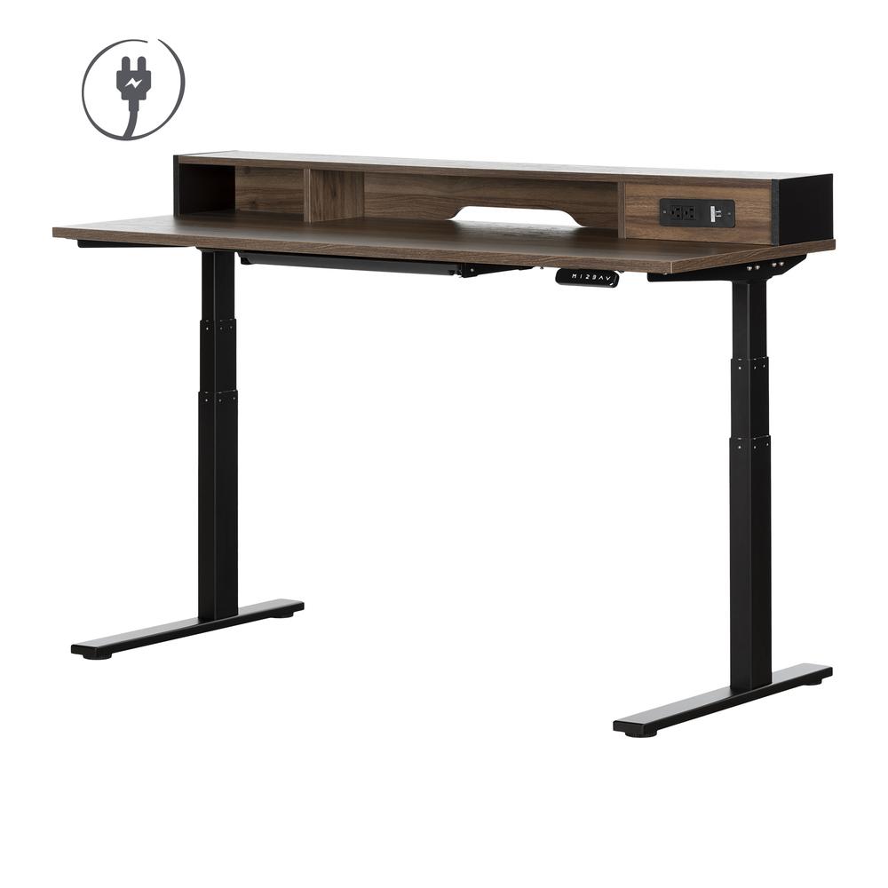 Talie Adjustable Height Standing Desk with Built In Power Bar, Natural Walnut and Matte Black. Picture 1