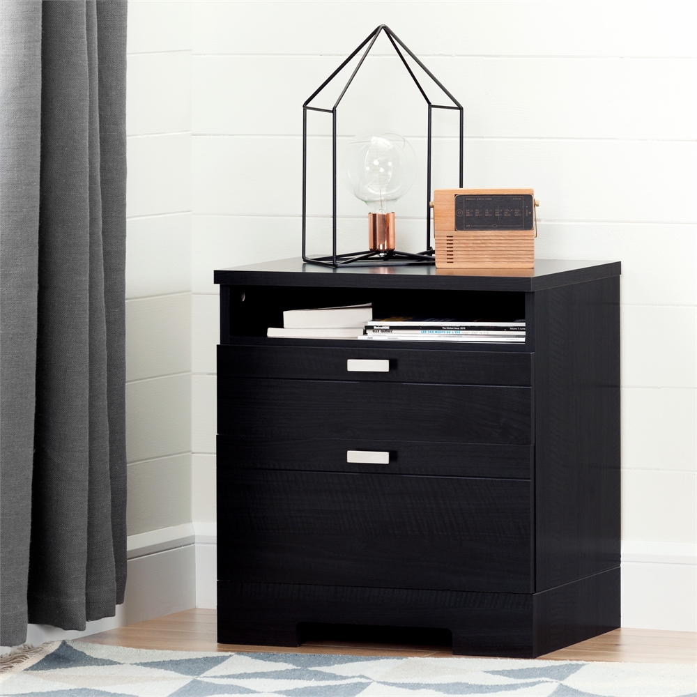 South Shore Reevo Nightstand with Drawers and Cord Catcher, Black Onyx. Picture 2