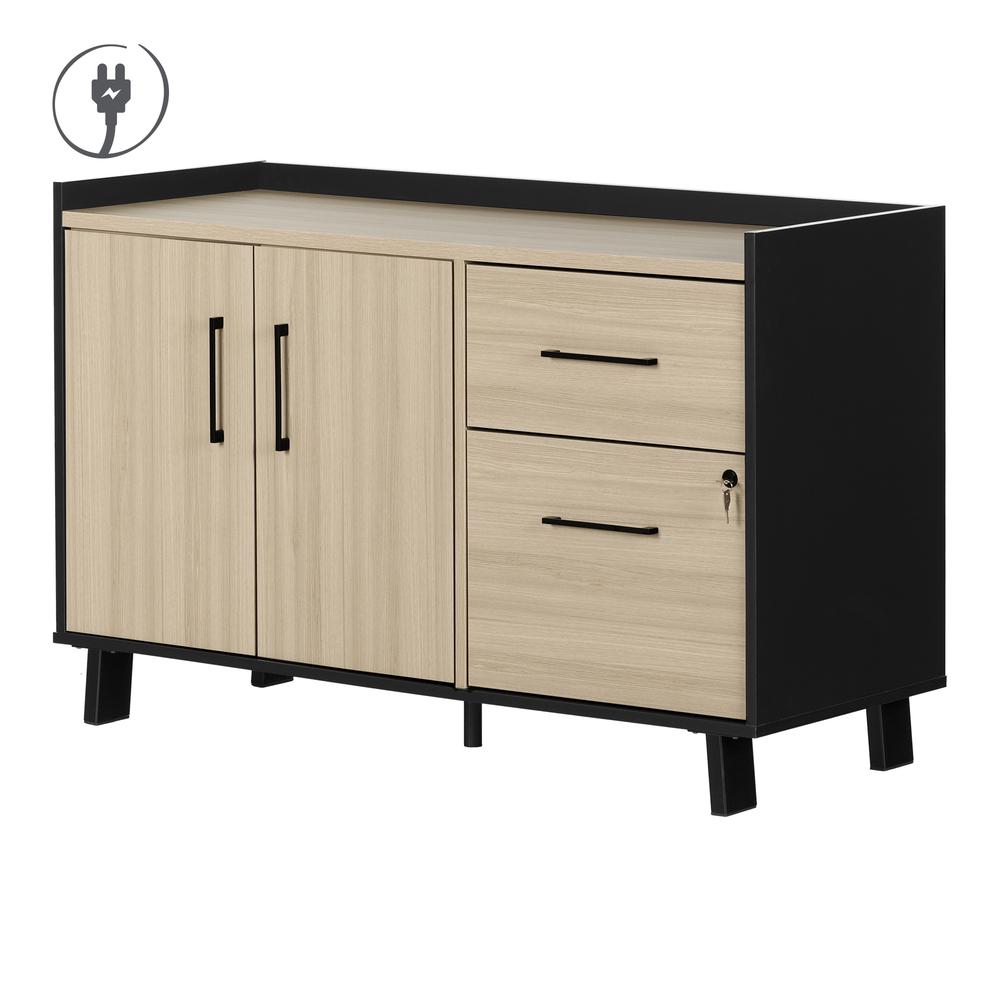 Kozack 2-Drawer Credenza with Doors, Soft Elm and Matte Black. Picture 1