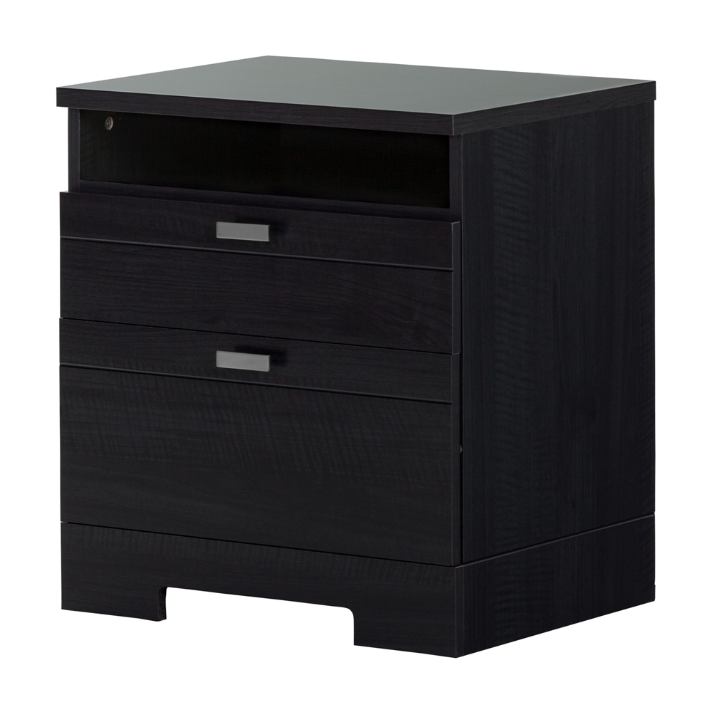 South Shore Reevo Nightstand with Drawers and Cord Catcher, Black Onyx. Picture 1