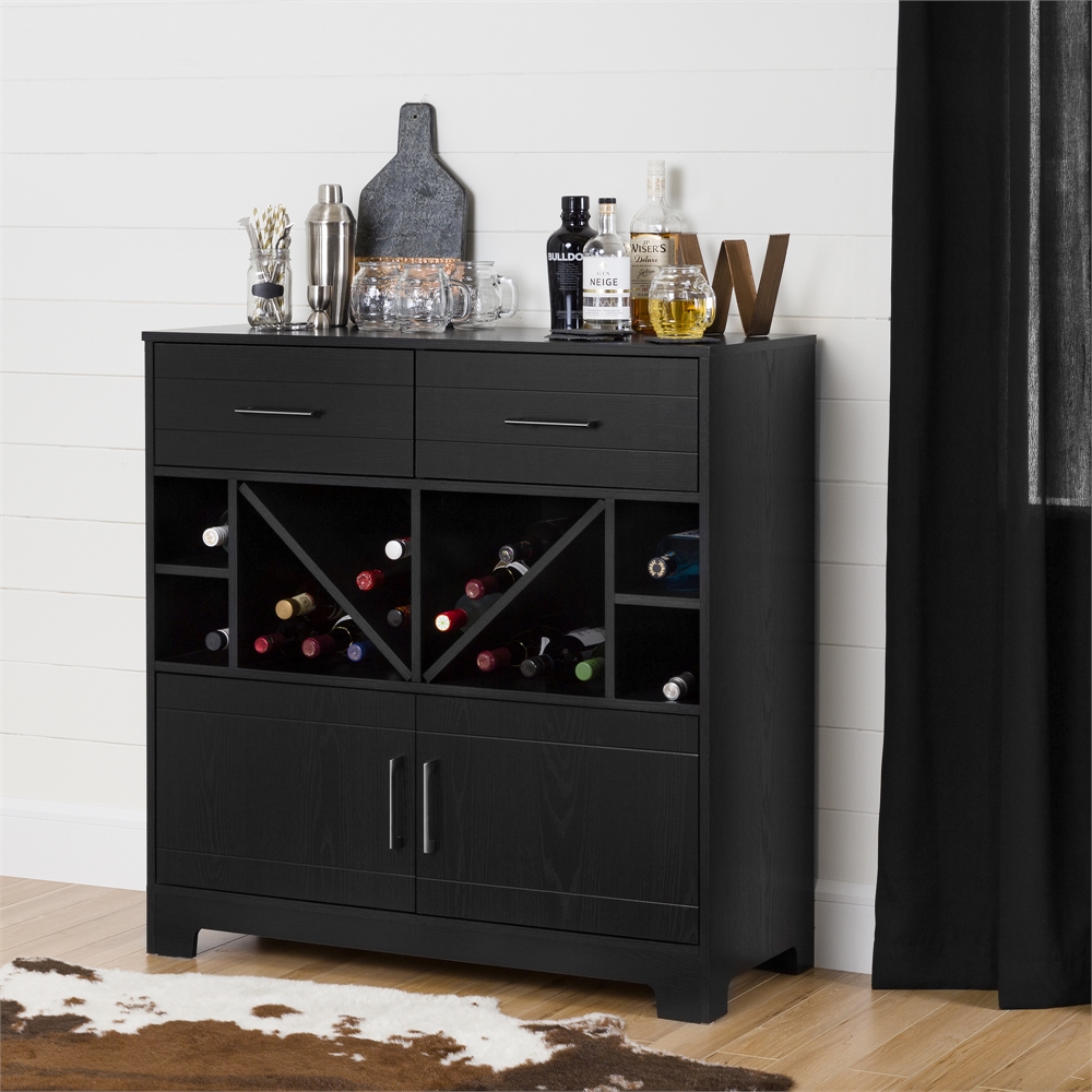 South Shore Vietti Bar Cabinet with Bottle Storage and Drawers, Black Oak. Picture 2