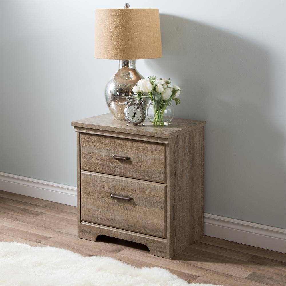 South Shore Versa 2-Drawer Nightstand, Weathered Oak. Picture 1