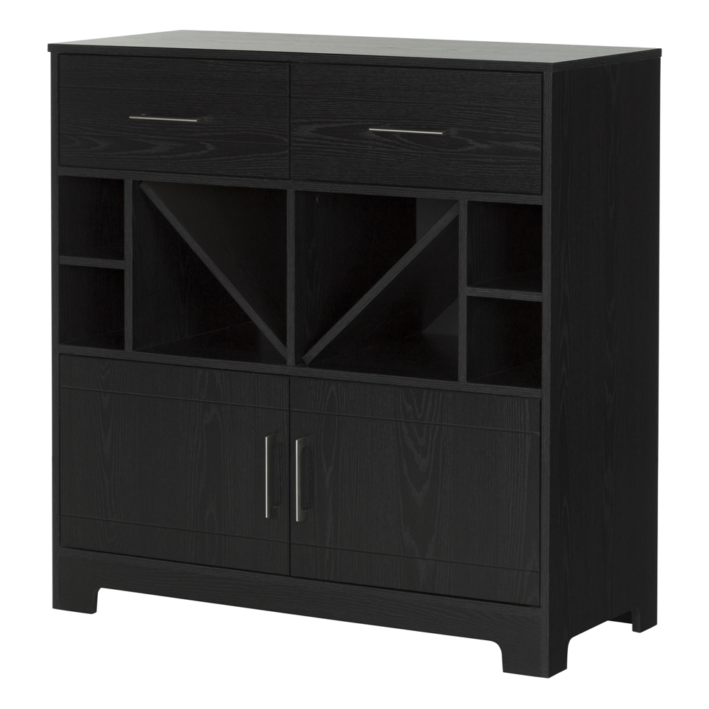 South Shore Vietti Bar Cabinet with Bottle Storage and Drawers, Black Oak. Picture 1