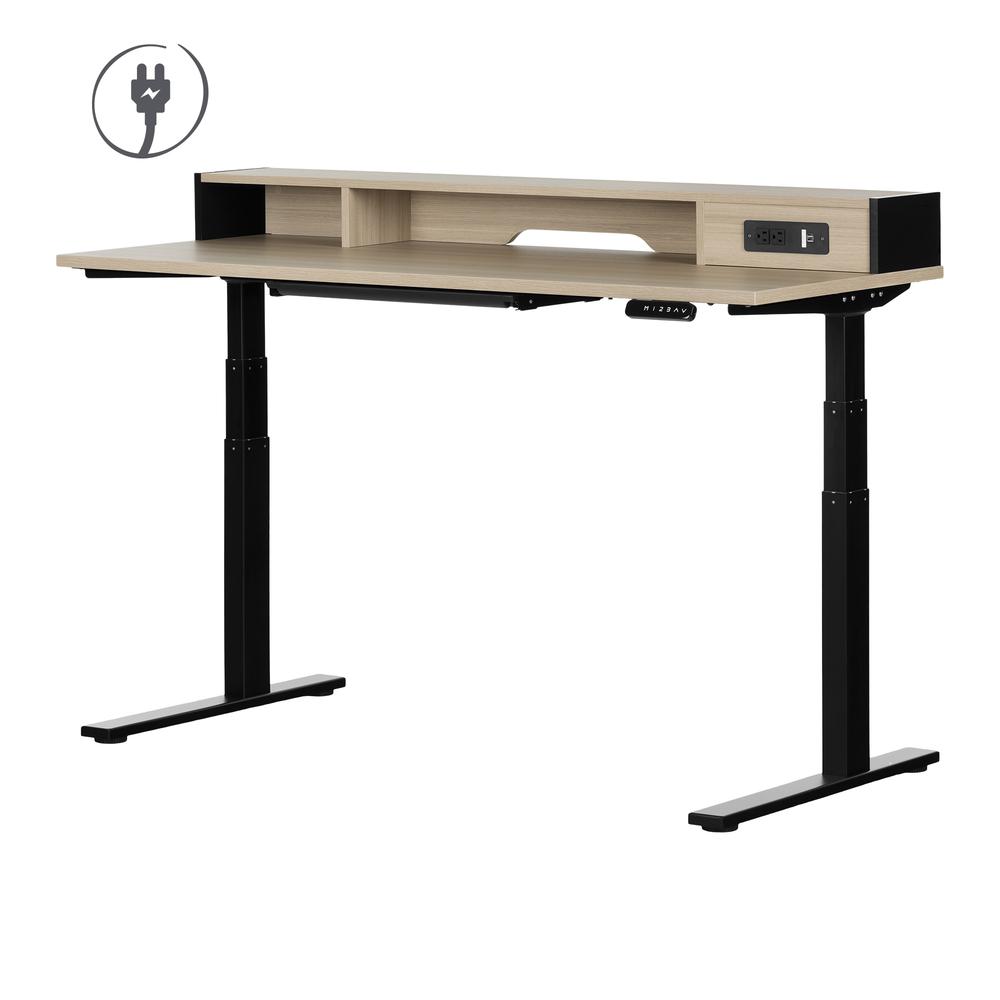 Zelia Adjustable Height Standing Desk with Built In Power Bar, Soft Elm and Matte Black. Picture 1
