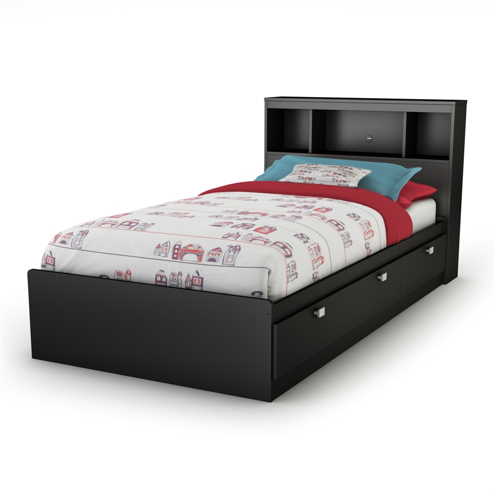 South Shore Spark Twin Mates Bed with Drawers and Bookcase Headboard (39'') Set, Pure Black. Picture 1