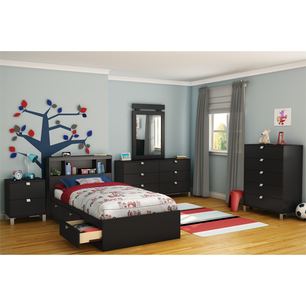 South Shore Spark Twin Mates Bed with Drawers and Bookcase Headboard (39'') Set, Pure Black. Picture 2