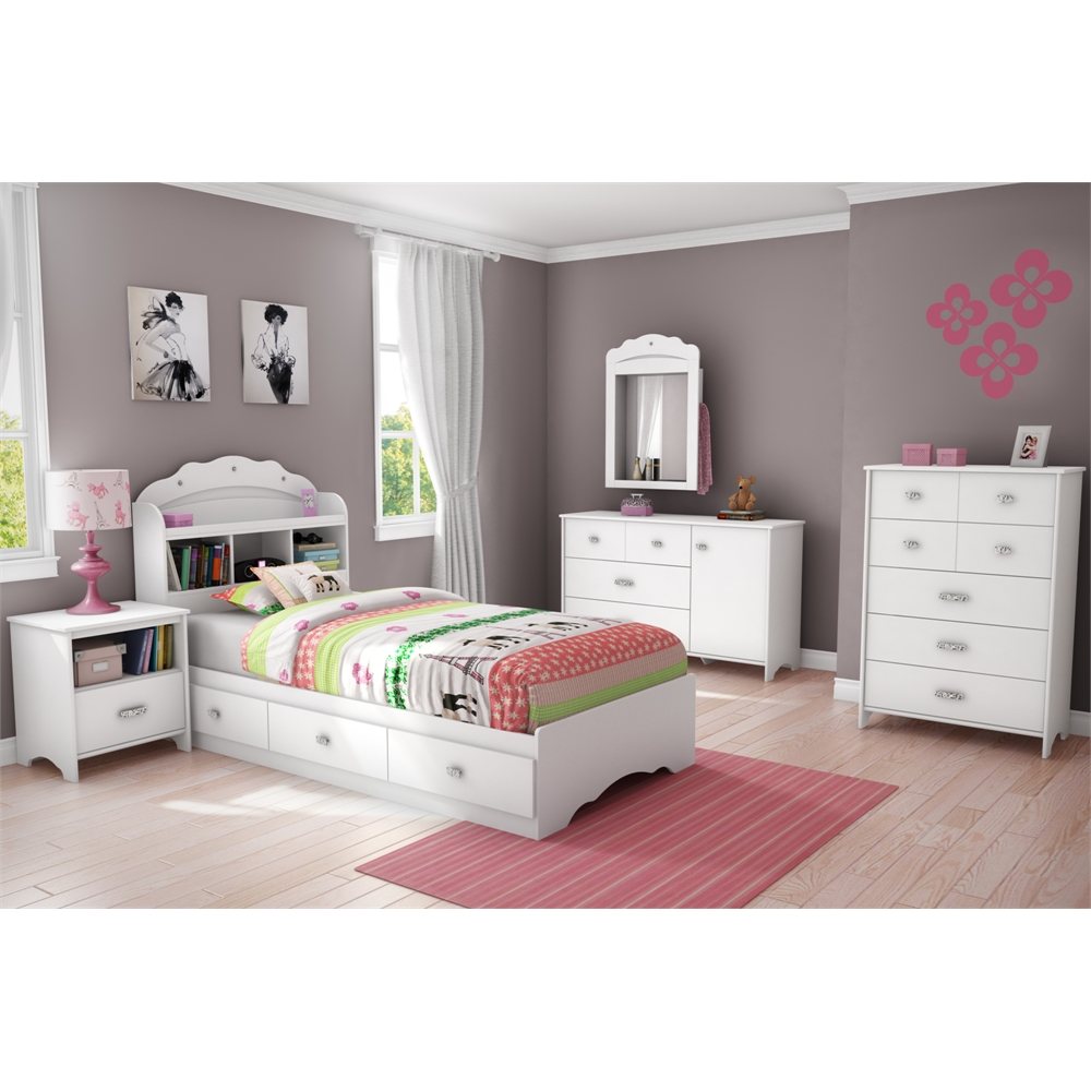 South Shore Tiara Twin Mates Bed with Drawers and Bookcase Headboard (39'') Set, Pure White. Picture 4