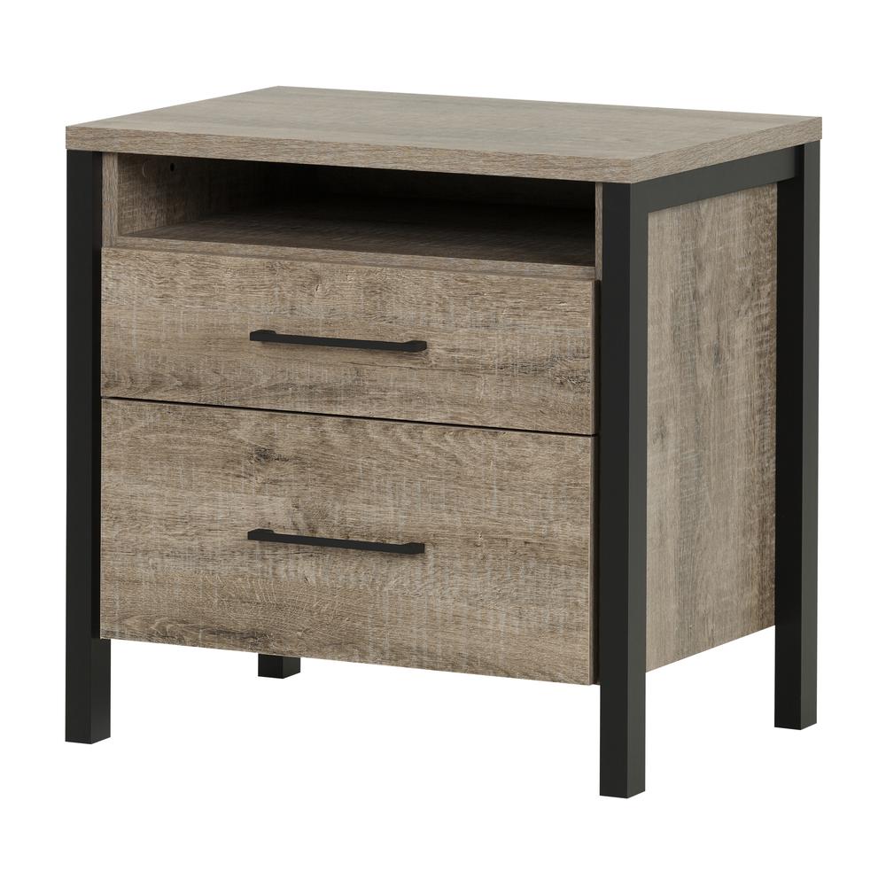 Munich 2-Drawer Nightstand, Weathered Oak and Matte Black. Picture 1