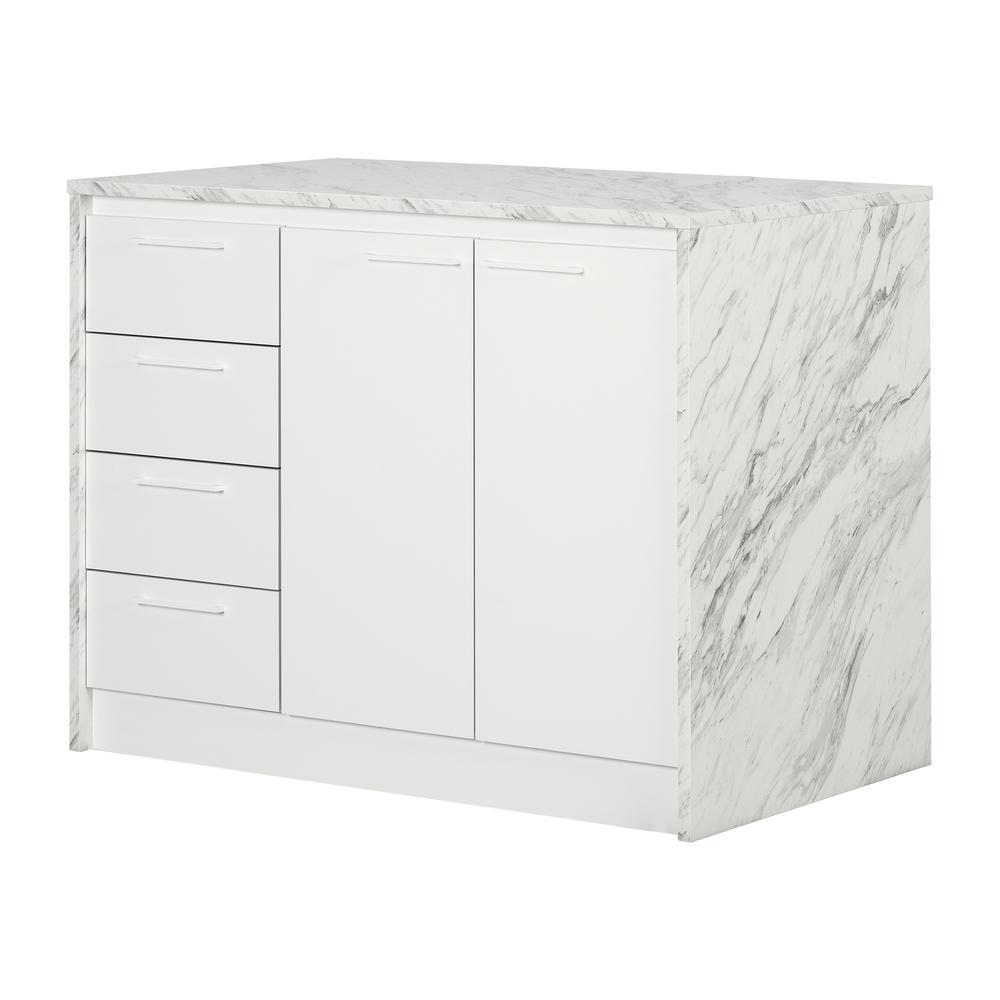 Myro Kitchen Island, Faux White Marble and White. Picture 1