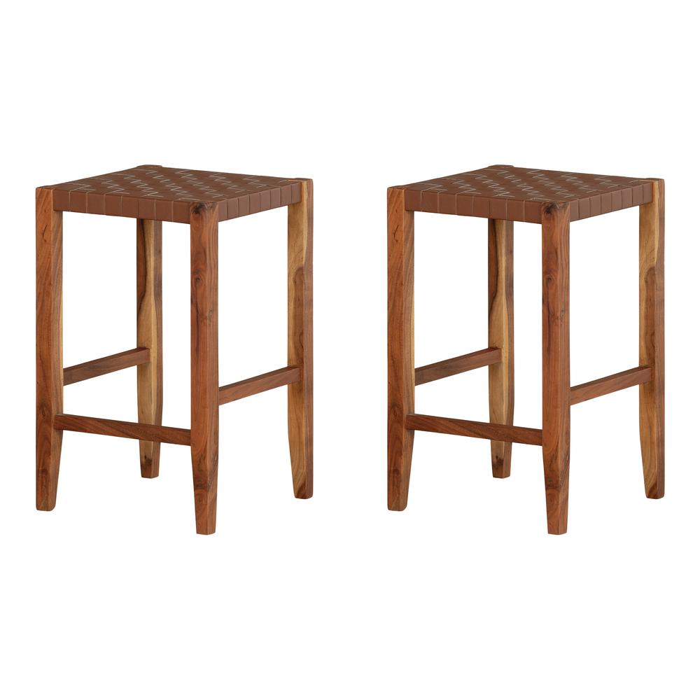 Balka Woven Leather Counter Stool, Set of 2, Brown. Picture 1
