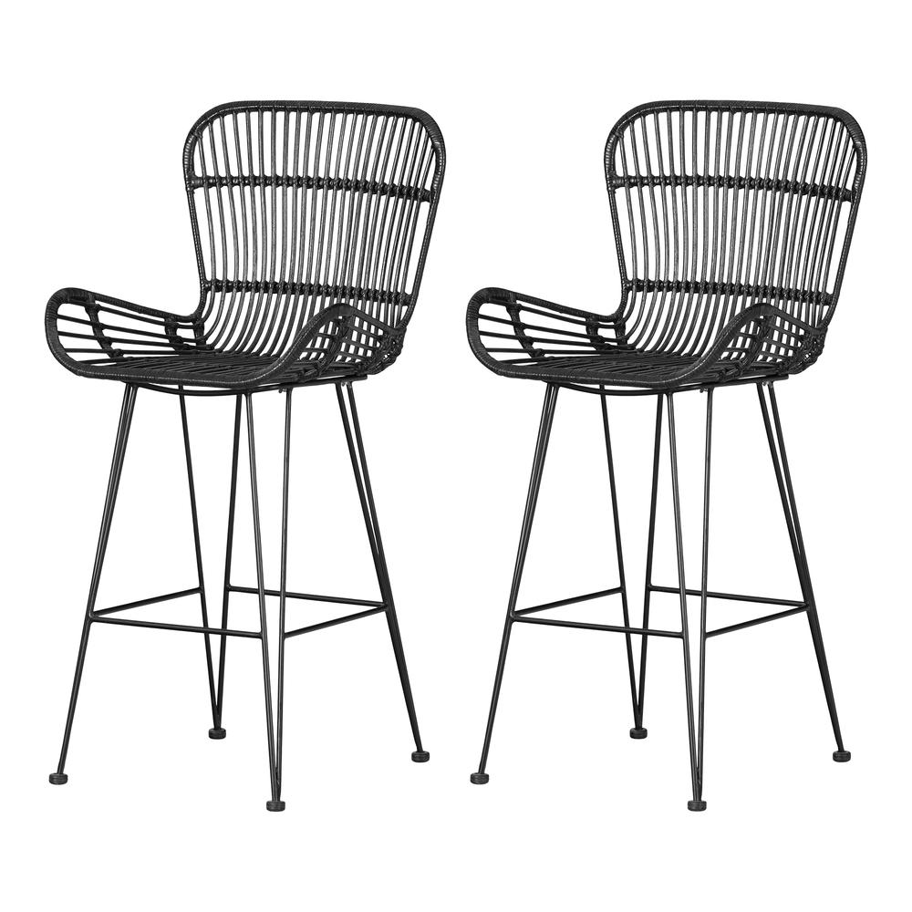 Balka Rattan Counter Stool with Armrests, Set of 2, Black Rattan and Black. Picture 1