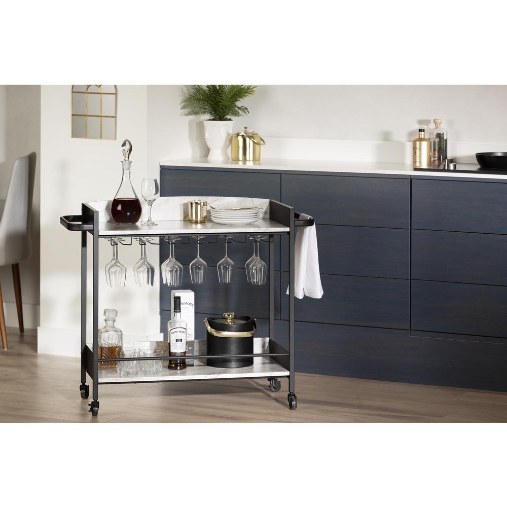 City Life Bar Cart with Wine Glass Rack, Black and Faux Carrara Marble. Picture 2