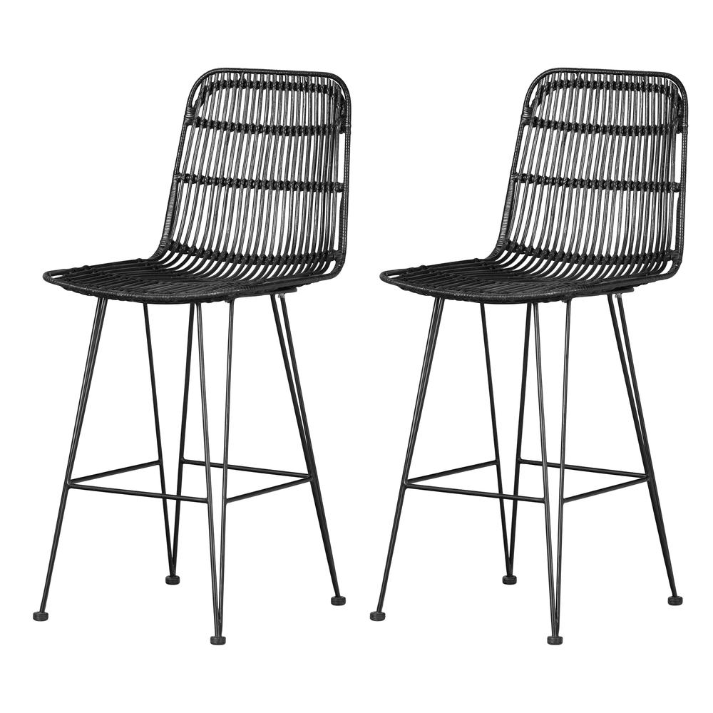 Balka Rattan Counter Stool, Set of 2, Black Rattan and Black. Picture 1
