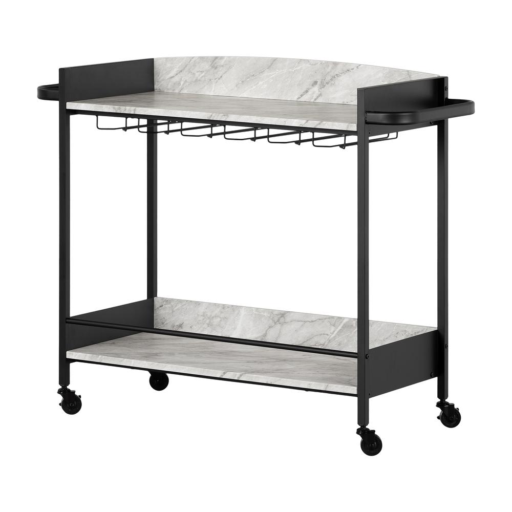City Life Bar Cart with Wine Glass Rack, Black and Faux Carrara Marble. Picture 1
