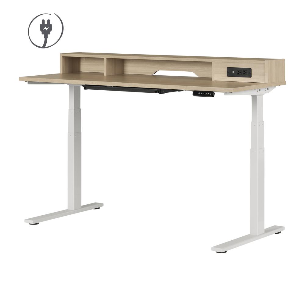 Majyta Adjustable Height Standing Desk with Built In Power Bar, Soft Elm. Picture 1