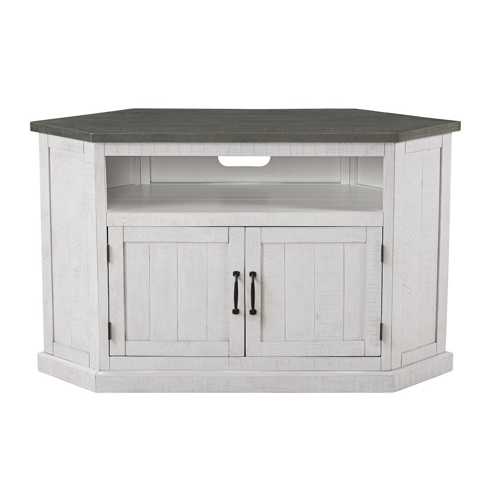Martin Svensson Home Rustic Corner TV Stand, White Stain with Grey Top. Picture 1