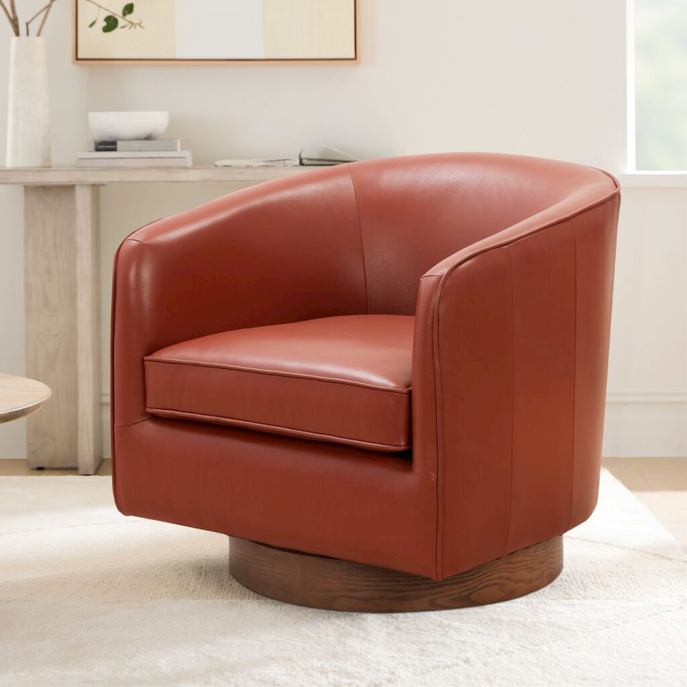 Taos Caramel Top Grain Leather Wood Base Swivel Chair. Picture 1