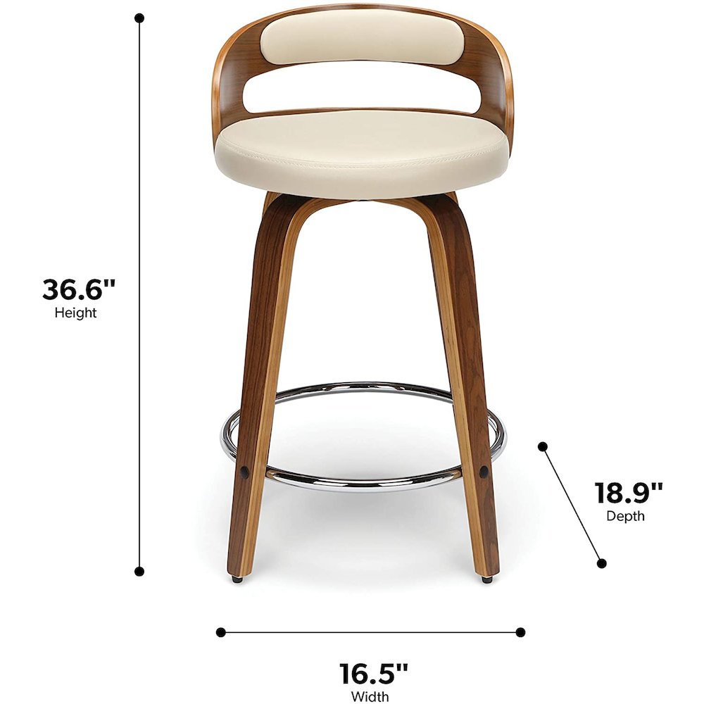 OFM 161 Collection Mid Century Modern 24" Low Back Bentwood Frame Swivel Seat Stool with Vinyl Back and Seat Cushion, in Walnut/Ivory (161-WV24C-IVY). Picture 3