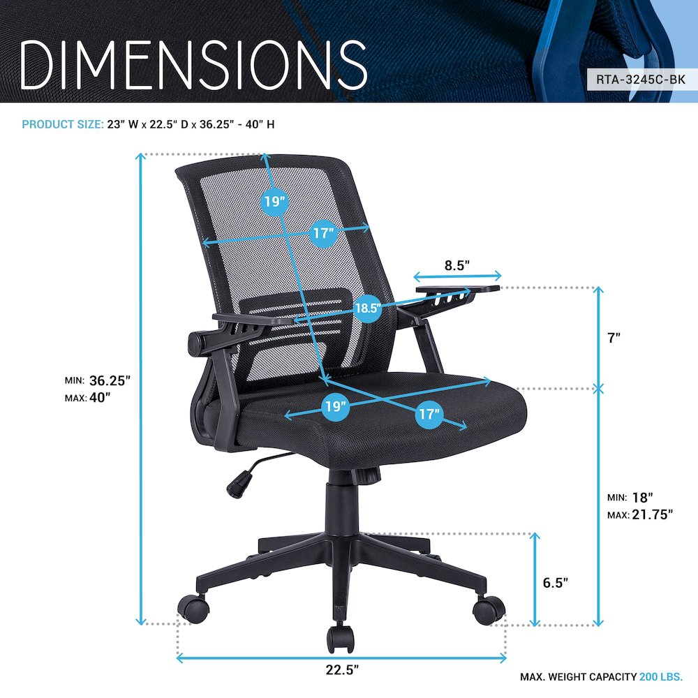 Techni Mobili Ergonomic Office Mesh Chair, Black. Picture 9