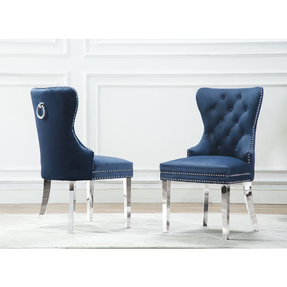 Velvet Tufted Dining Chair, Stainless Steel Legs (Set of 2) - Navy Blue. Picture 1