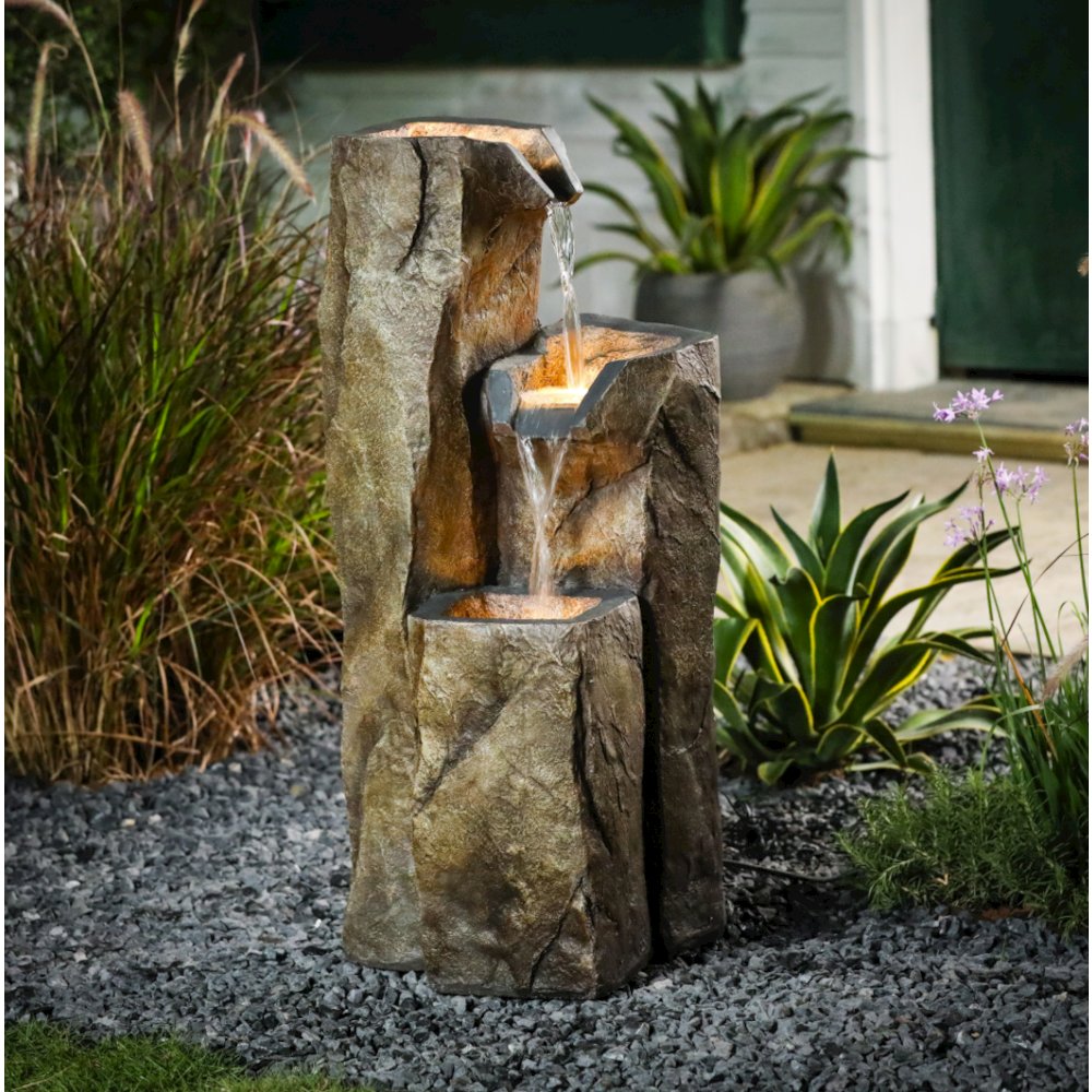 33.5-in Resin Three Column Rock Outdoor Fountain with LED Light. Picture 2