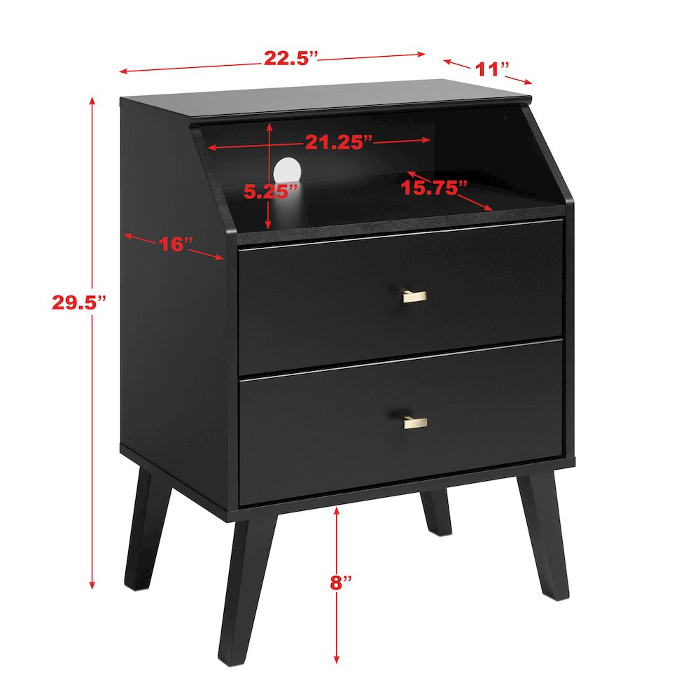 Milo 2 Drawer Night Stand with Angled Top, Black. Picture 2