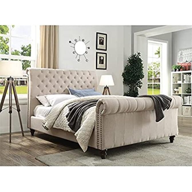 Swanson Tufted King Sleigh Bed in Sand Beige Upholstery. Picture 5