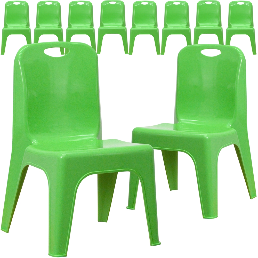 10 Pk. Green Plastic Stackable School Chair with Carrying Handle and 11'' Seat Height. Picture 1