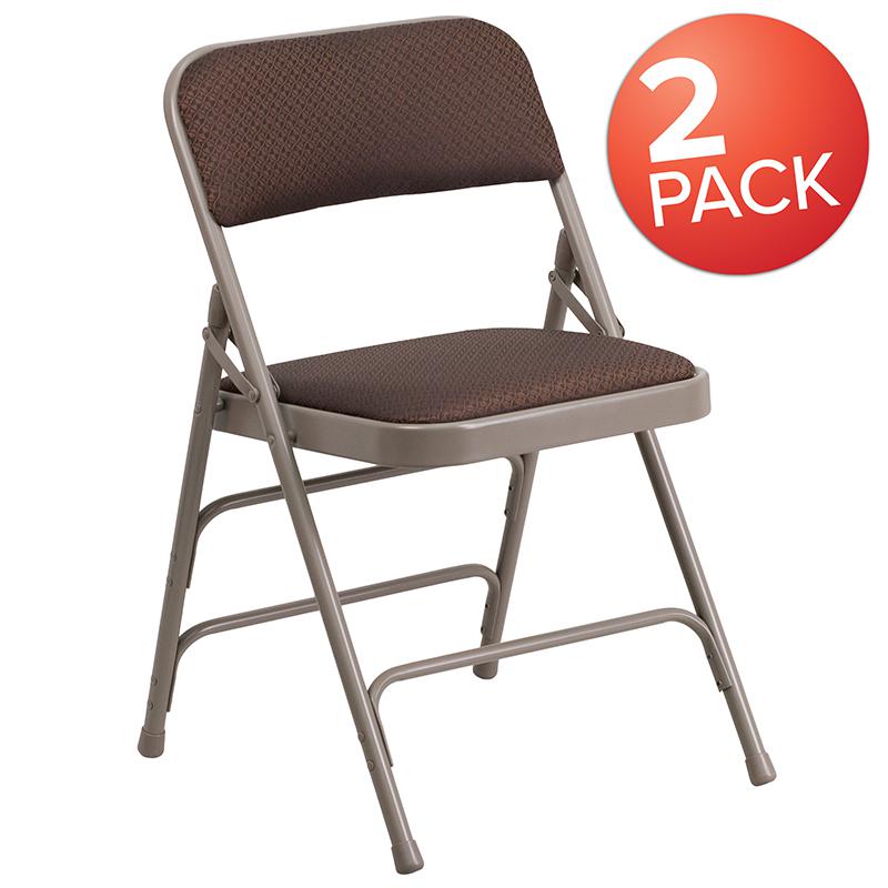 2 Pk. HERCULES Series Curved Triple Braced & Double Hinged Brown Patterned Fabric Metal Folding Chair. Picture 1