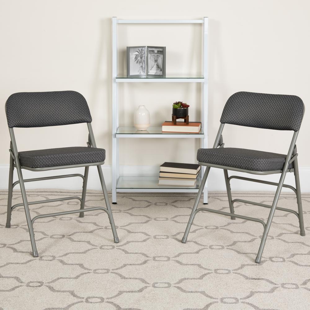 2 Pk. HERCULES Series Premium Curved Triple Braced & Double Hinged Gray Fabric Metal Folding Chair. The main picture.