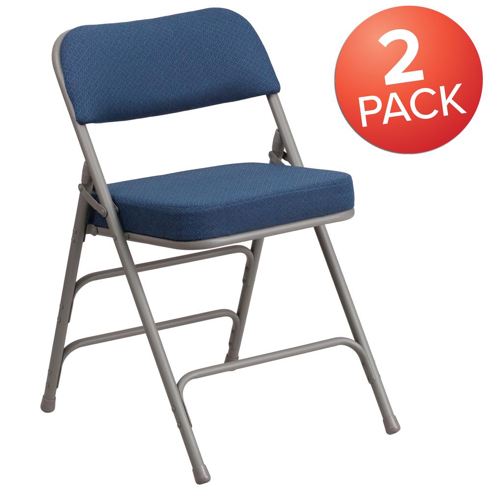 2 Pack Curved Triple Braced & Double Hinged Navy Fabric Metal Folding Chair. Picture 2