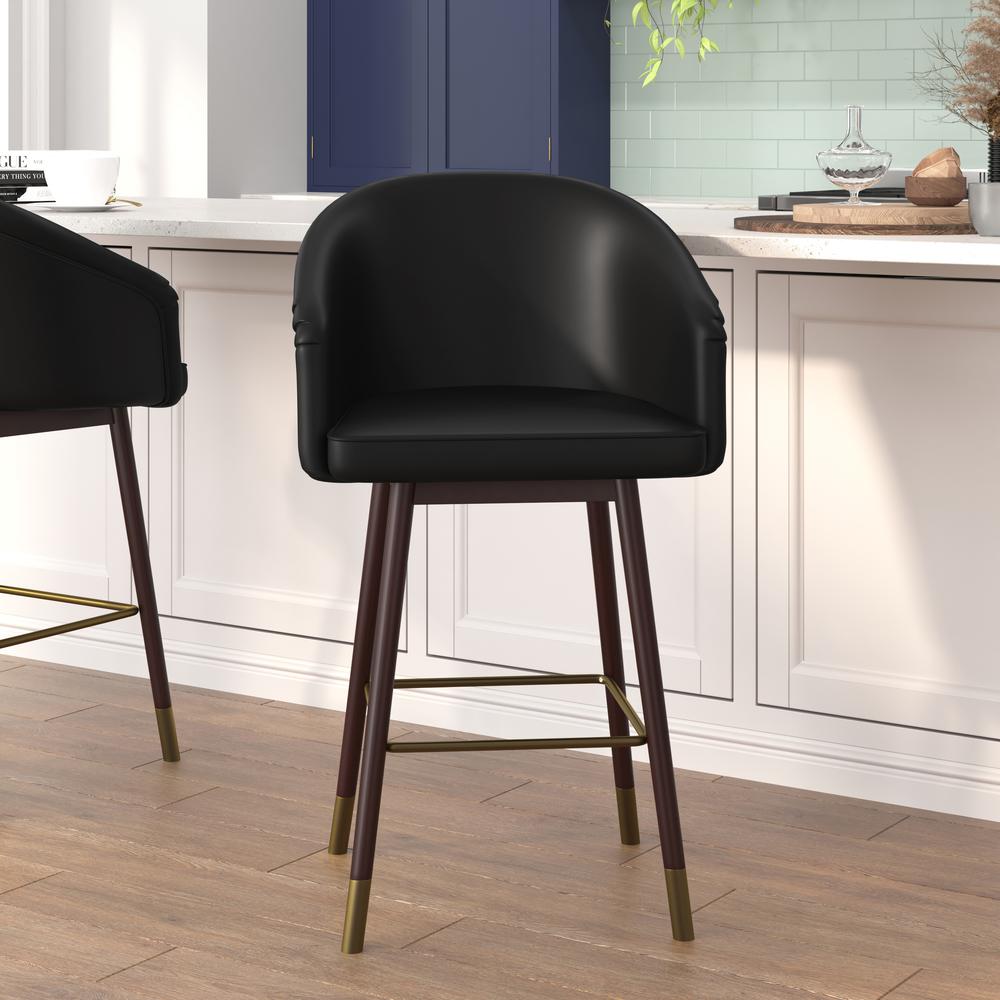 26" Mid-Back Counter Stool,Black LeatherSoft/Bronze Accents - Set of 2. Picture 1