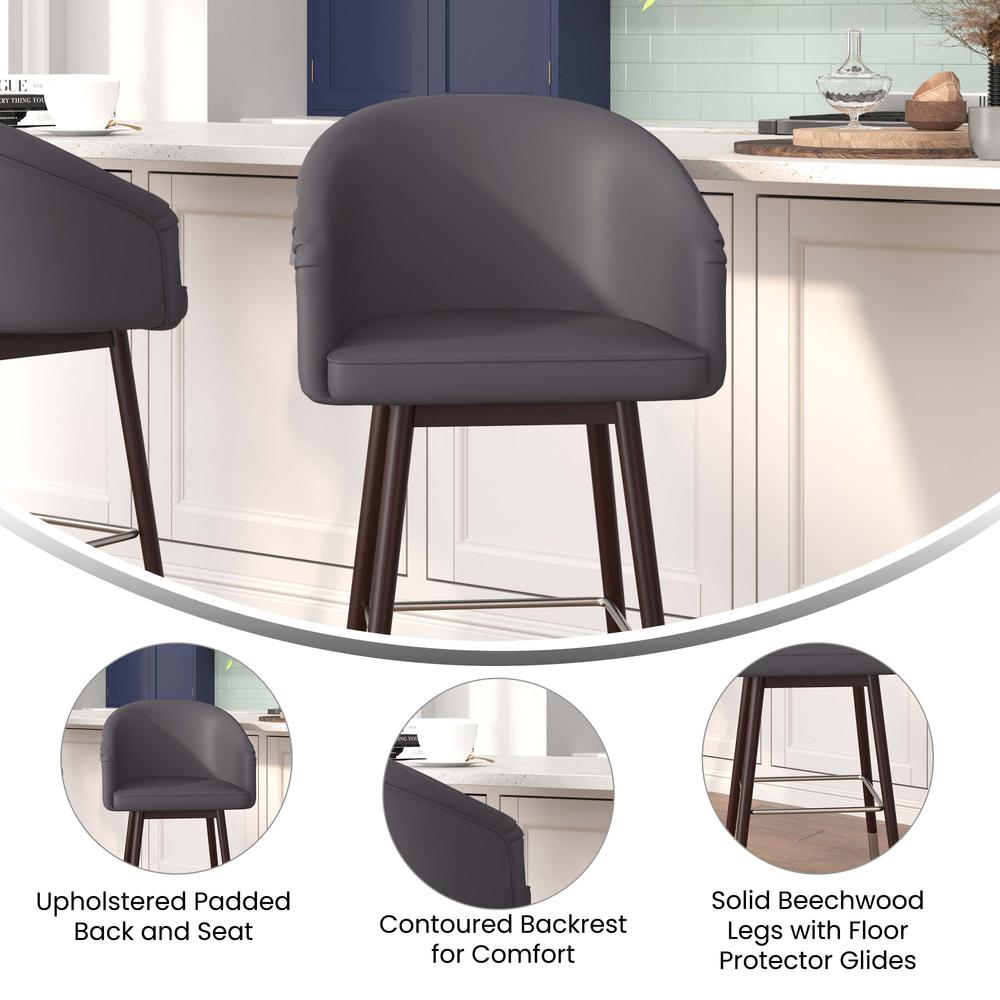 Margo 26" Commercial Mid-Back Modern Counter Stool, Walnut Finish Beechwood Legs and Contoured Back, Gray LeatherSoft/Bronze Accents - Set of 2. Picture 5