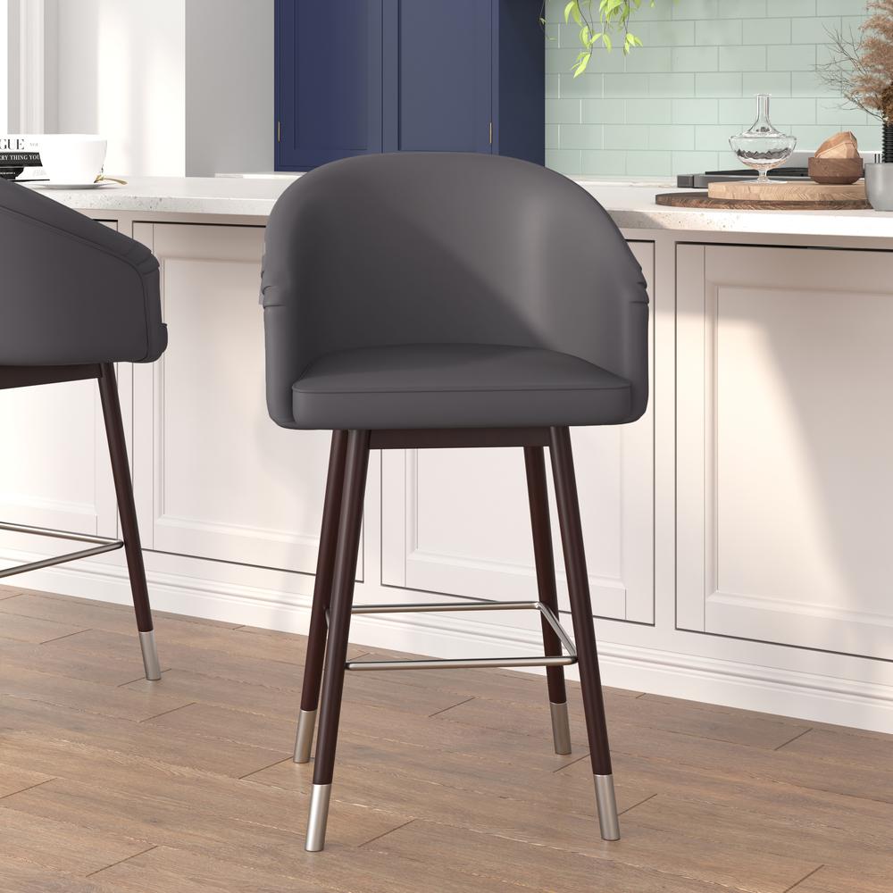 Margo 26" Commercial Mid-Back Modern Counter Stool, Walnut Finish Beechwood Legs and Contoured Back, Gray LeatherSoft/Bronze Accents - Set of 2. The main picture.