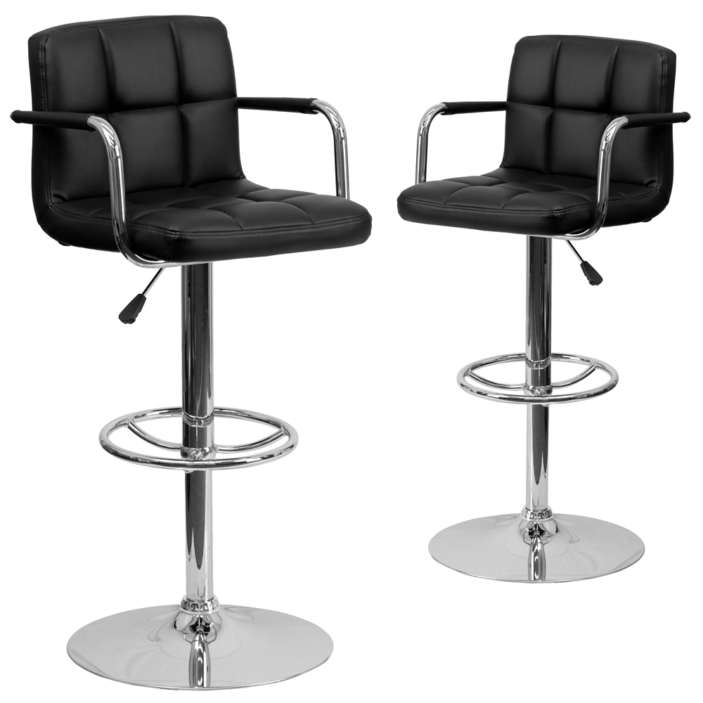 2 Pk. Contemporary Black Quilted Vinyl Adjustable Height Barstool with Arms and Chrome Base. Picture 1