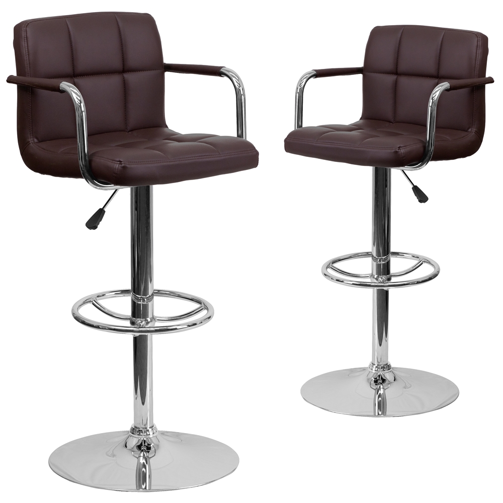 2 Pk. Contemporary Brown Quilted Vinyl Adjustable Height Barstool with Arms and Chrome Base. Picture 1