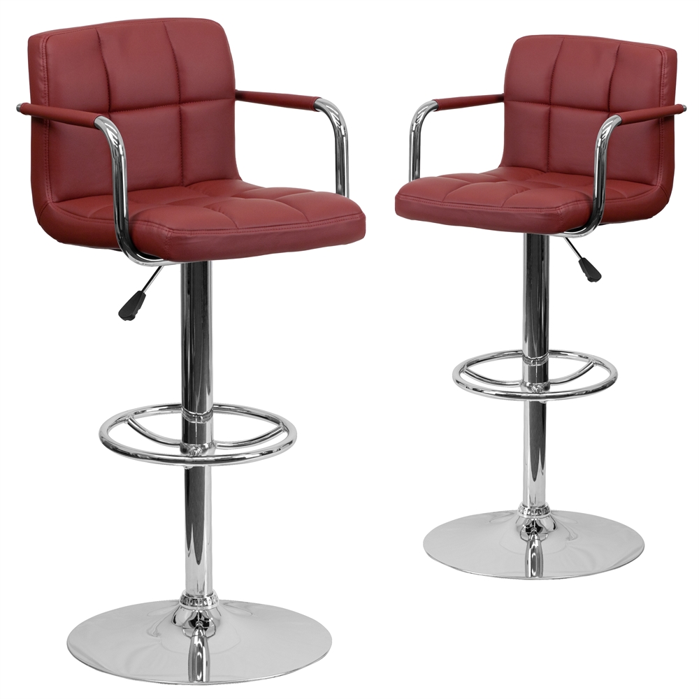 2 Pk. Contemporary Burgundy Quilted Vinyl Adjustable Height Barstool with Arms and Chrome Base. Picture 1