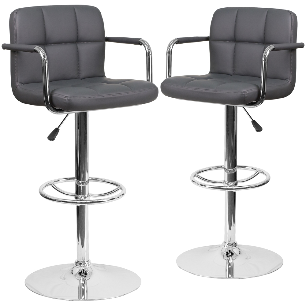 2 Pk. Contemporary Gray Quilted Vinyl Adjustable Height Barstool with Arms and Chrome Base. The main picture.