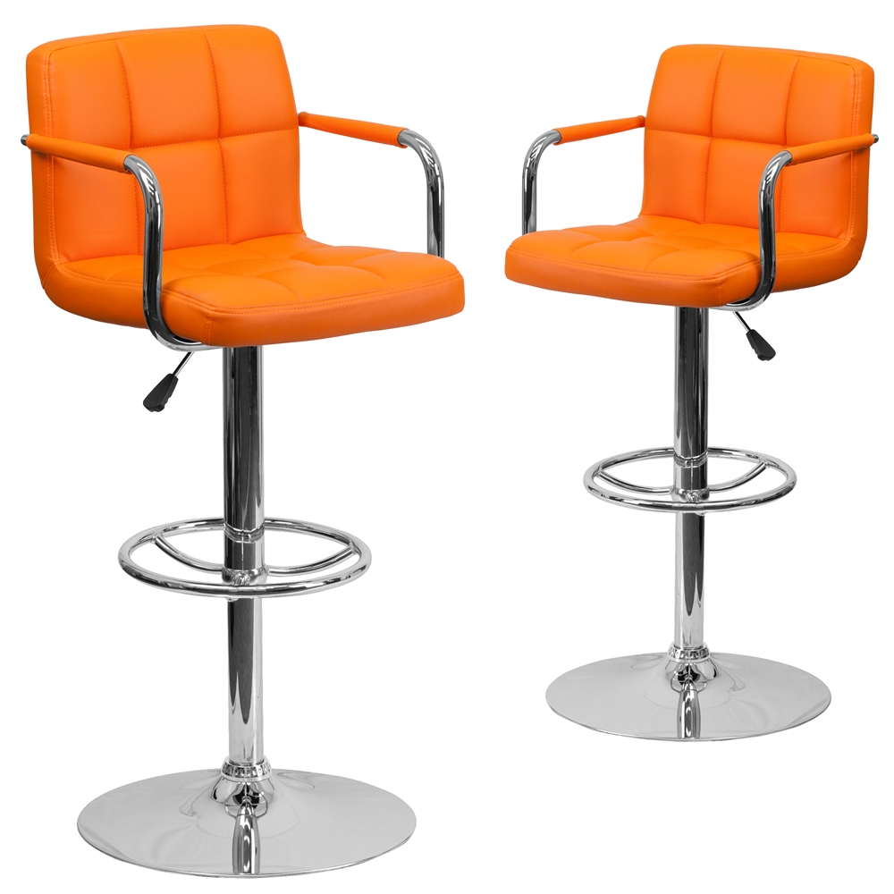 2 Pk. Contemporary Orange Quilted Vinyl Adjustable Height Barstool with Arms and Chrome Base. Picture 1