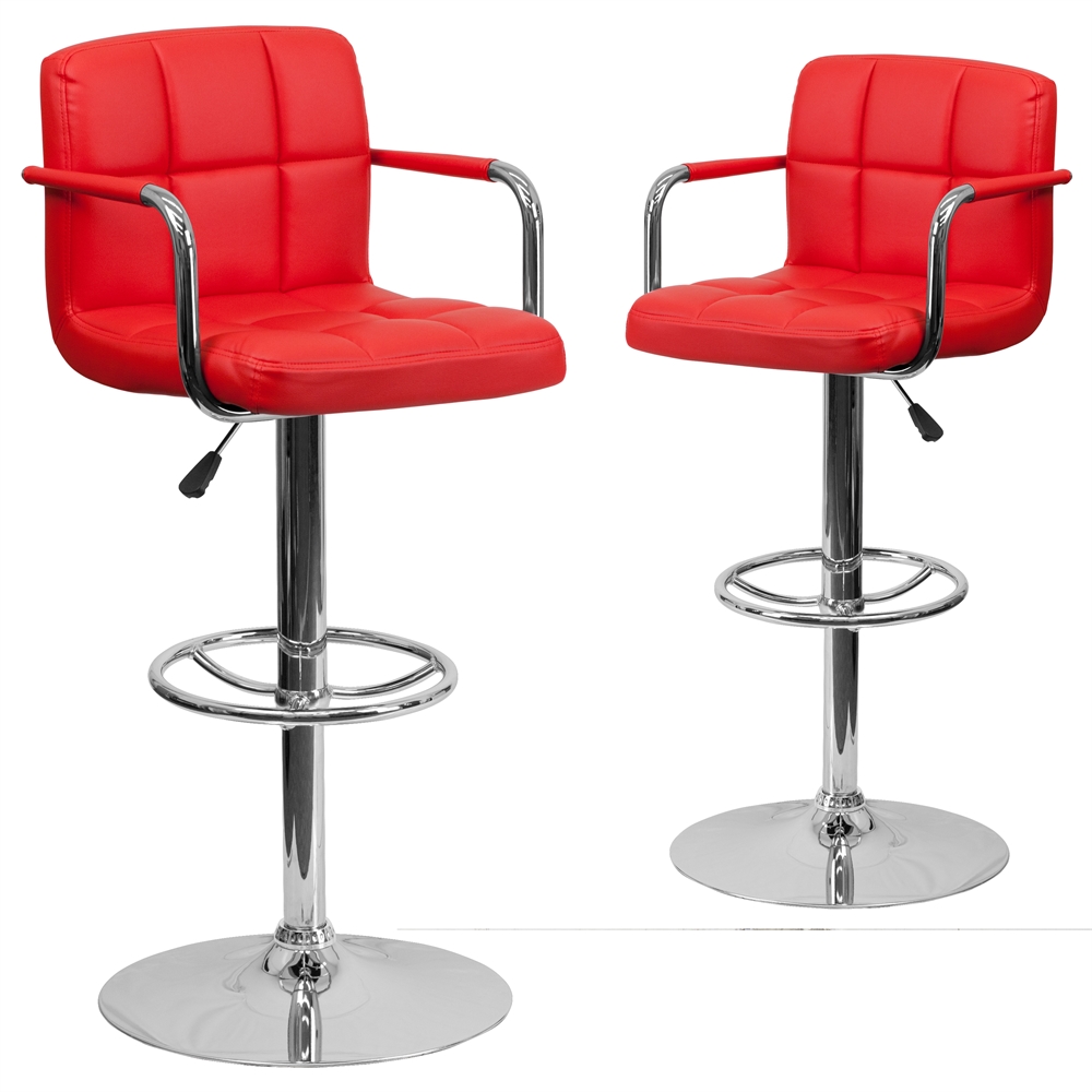 2 Pk. Contemporary Red Quilted Vinyl Adjustable Height Barstool with Arms and Chrome Base. Picture 1