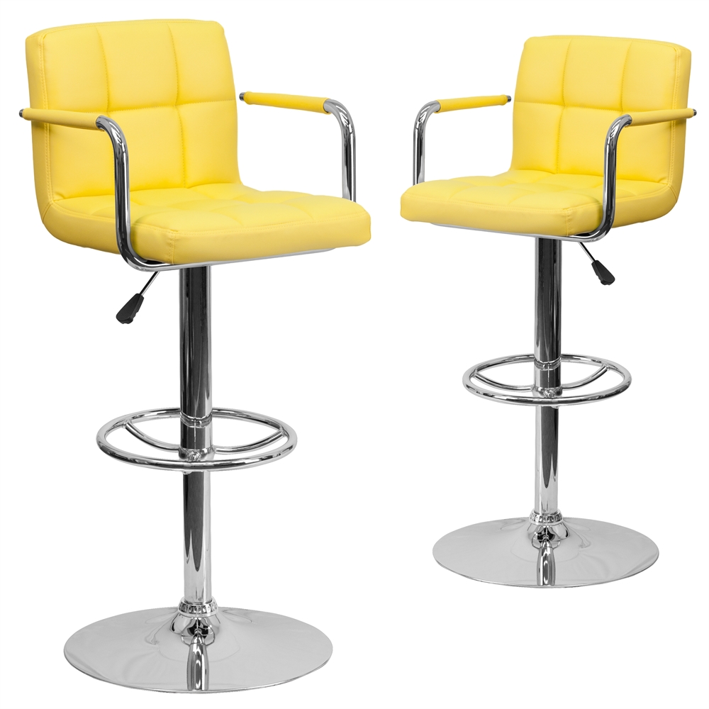 2 Pk. Contemporary Yellow Quilted Vinyl Adjustable Height Barstool with Arms and Chrome Base. The main picture.